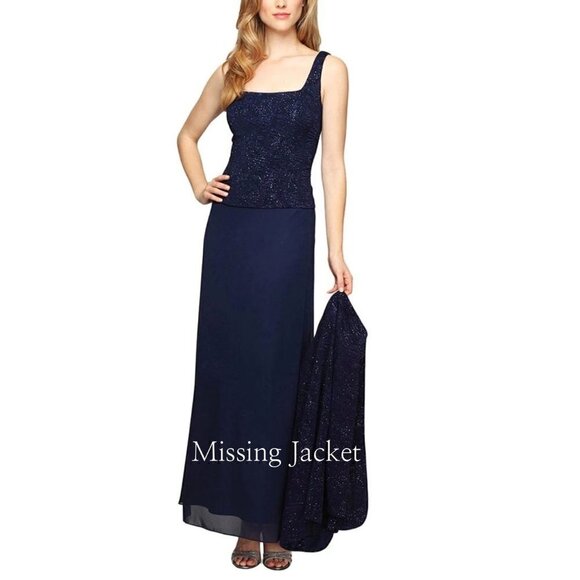 New Alex Evenings Size 16 Glitter Jacquard Knit Dress Navy **Missing Jacket** - Picture 1 of 13